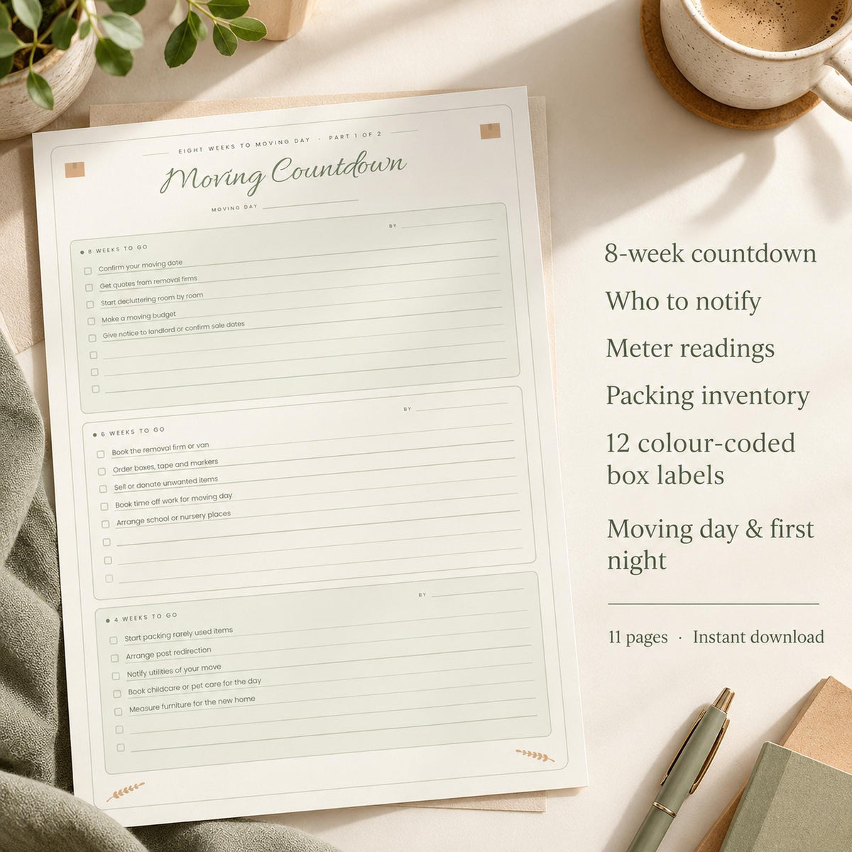 Moving House Planner Printable, Moving Checklist, Change of Address List, Box Labels, Packing Inventory, First Night Box, A4 & Letter