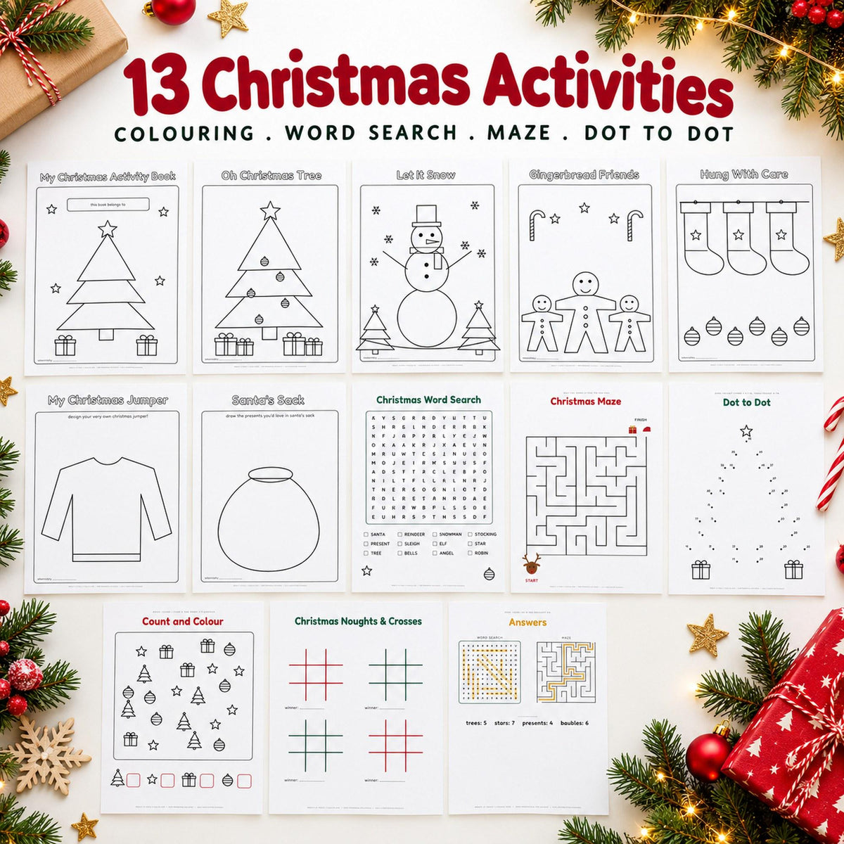 Kids Christmas Activity Pack Printable, Christmas Colouring Pages, Word Search, Maze, Dot to Dot, Kids Activity Book