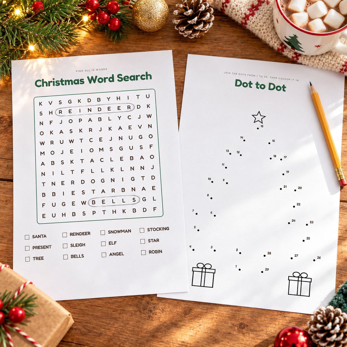 Kids Christmas Activity Pack Printable, Christmas Colouring Pages, Word Search, Maze, Dot to Dot, Kids Activity Book