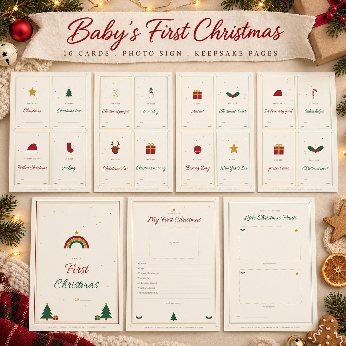 Baby's First Christmas Milestone Cards Printable, First Christmas Photo Prop, Baby Keepsake, Footprint Art, Christmas Baby Cards