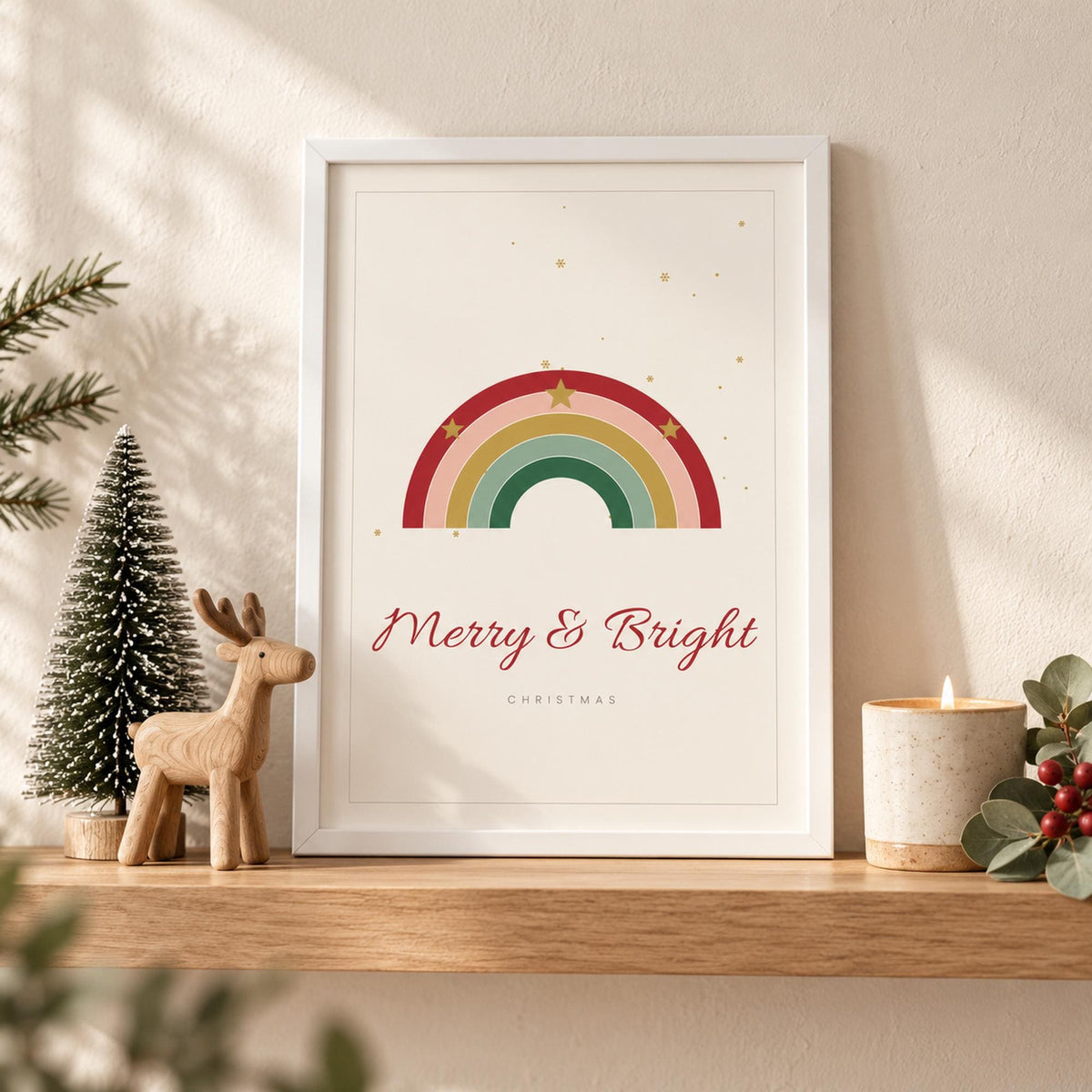 Boho Christmas Nursery Prints Set of 3, Merry and Bright, Reindeer, Christmas Tree Wall Art, Neutral Christmas Printable Decor