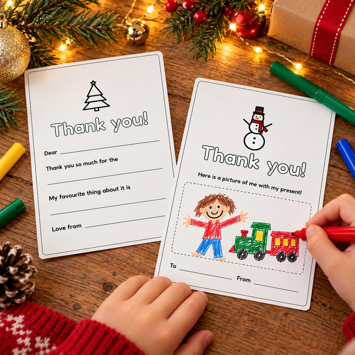 Kids Christmas Thank You Cards Printable, Fill in the Blank Thank You Notes, Colour In Cards, Draw Your Present, Christmas Gift Thank You