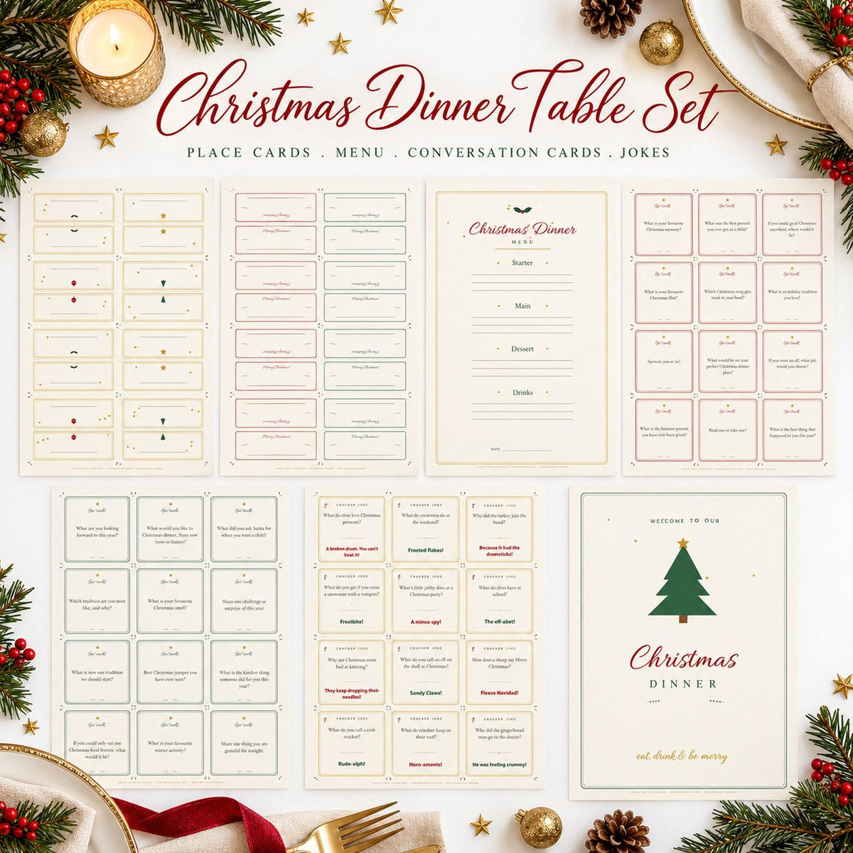 Christmas Dinner Table Printables, Place Cards, Christmas Menu, Conversation Cards, Cracker Jokes, Table Sign, Christmas Table Decor