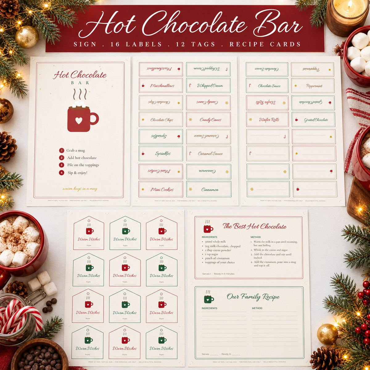 Hot Chocolate Bar Printables, Hot Cocoa Bar Sign, Topping Labels, Warm Wishes Favour Tags, Recipe Card, Christmas Party Decor
