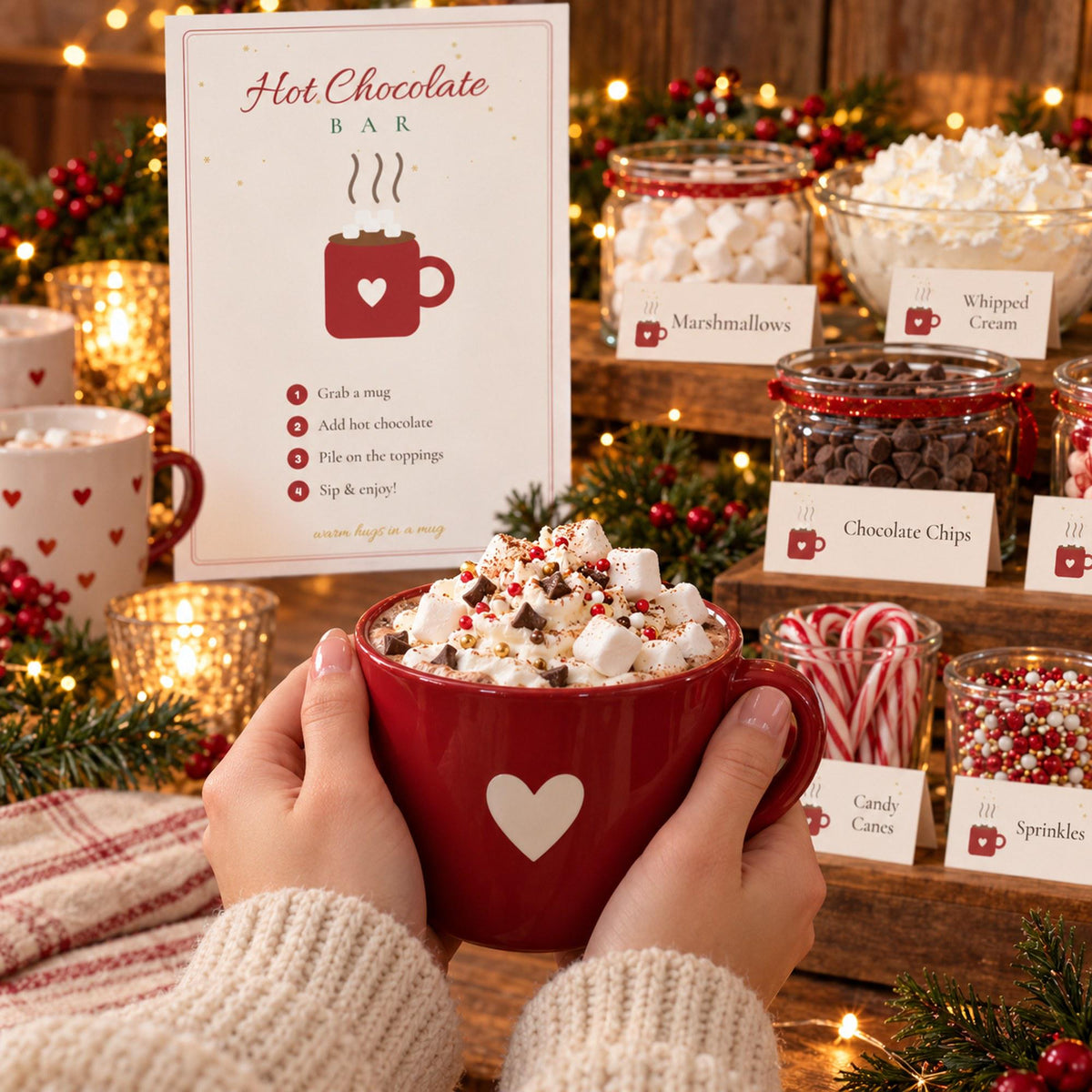 Hot Chocolate Bar Printables, Hot Cocoa Bar Sign, Topping Labels, Warm Wishes Favour Tags, Recipe Card, Christmas Party Decor