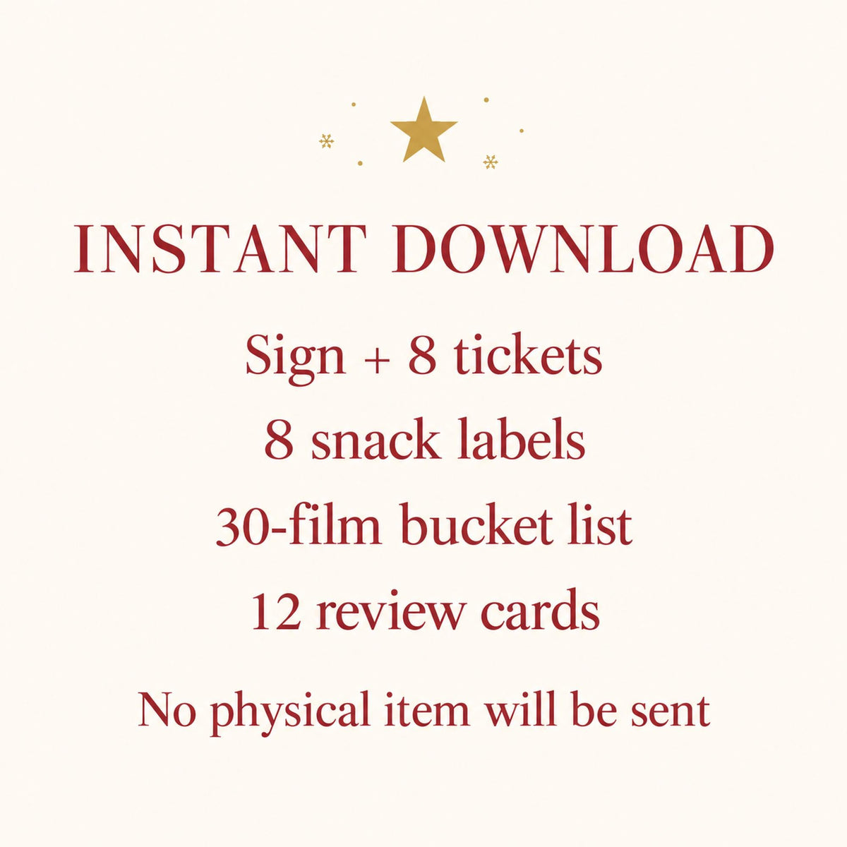 Christmas Movie Night Printables, Movie Tickets, Snack Labels, Christmas Film Bucket List, Movie Review Cards, Family Movie Night
