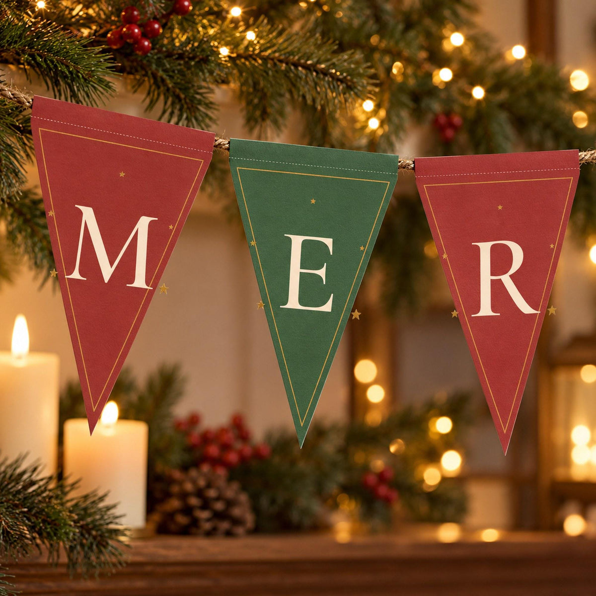 Merry Christmas Banner Printable, Christmas Bunting, Red and Green Pennant Banner, Joy Noel Banner, Christmas Mantel Decor