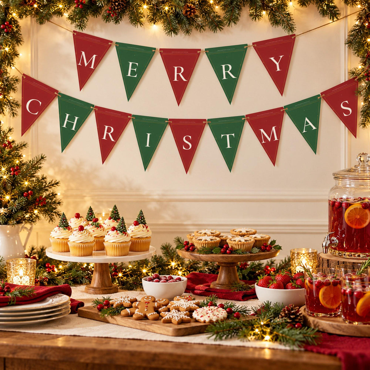 Merry Christmas Banner Printable, Christmas Bunting, Red and Green Pennant Banner, Joy Noel Banner, Christmas Mantel Decor