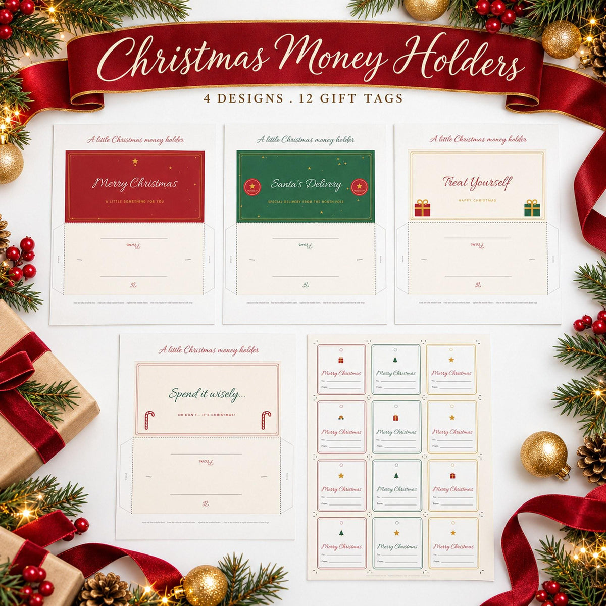Christmas Money Holder Printable, Gift Card Holder, Cash Gift Wallet, Money Envelope, Christmas Gift Tags, Teen Gift, Stocking Filler