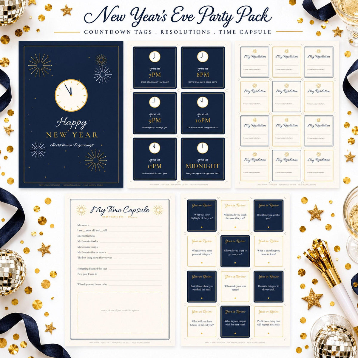 New Years Eve Party Printables, NYE Countdown Bag Tags, Resolution Cards, Kids Time Capsule, New Year Sign, Family New Year Games