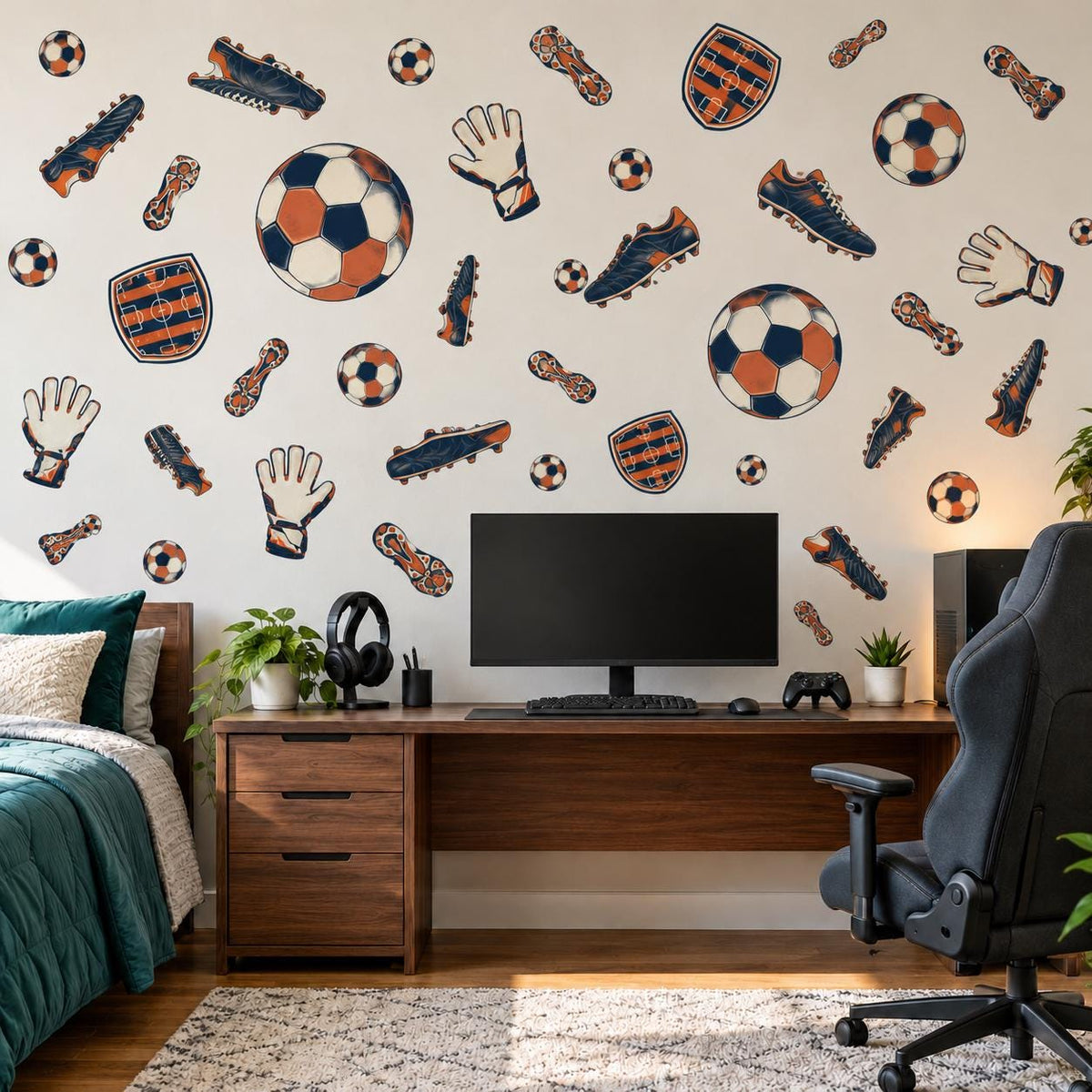 Football Wall Stickers, Navy Orange Soccer Decor, Retro Football Boots Wall Decals, Boys Kids Room Teen Bedroom Peel and Stick Wall Art