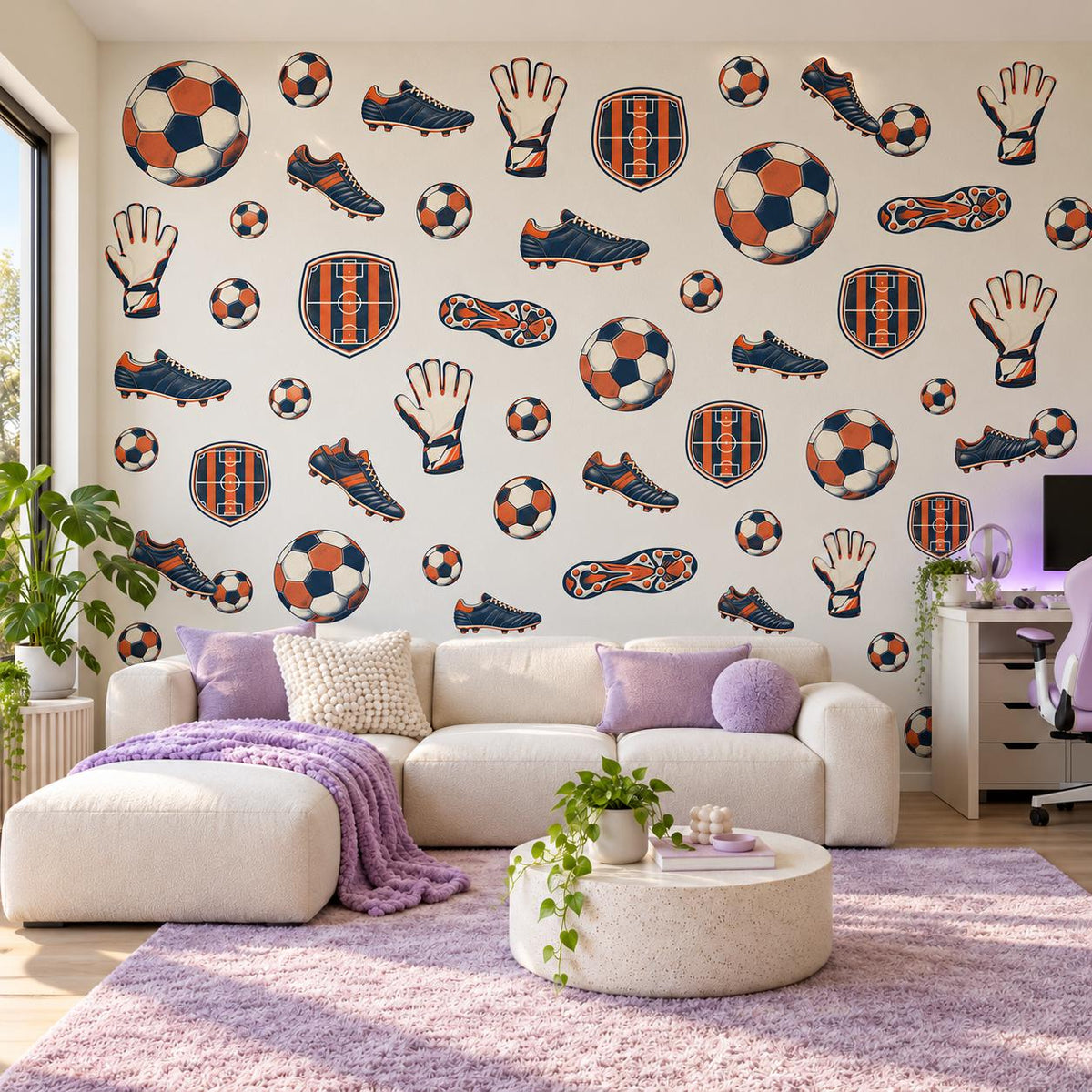 Football Wall Stickers, Navy Orange Soccer Decor, Retro Football Boots Wall Decals, Boys Kids Room Teen Bedroom Peel and Stick Wall Art