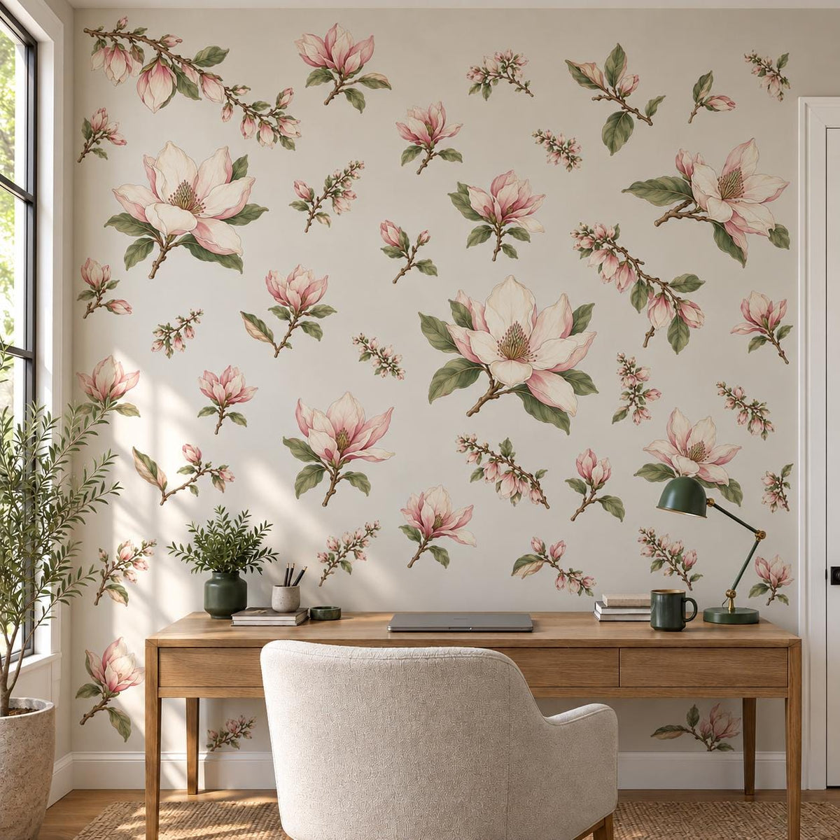 Magnolia Wall Stickers, Blush Pink Floral Nursery Decor, Botanical Flower Wall Decals, Girls Room Sage Green Peel and Stick Wall Art