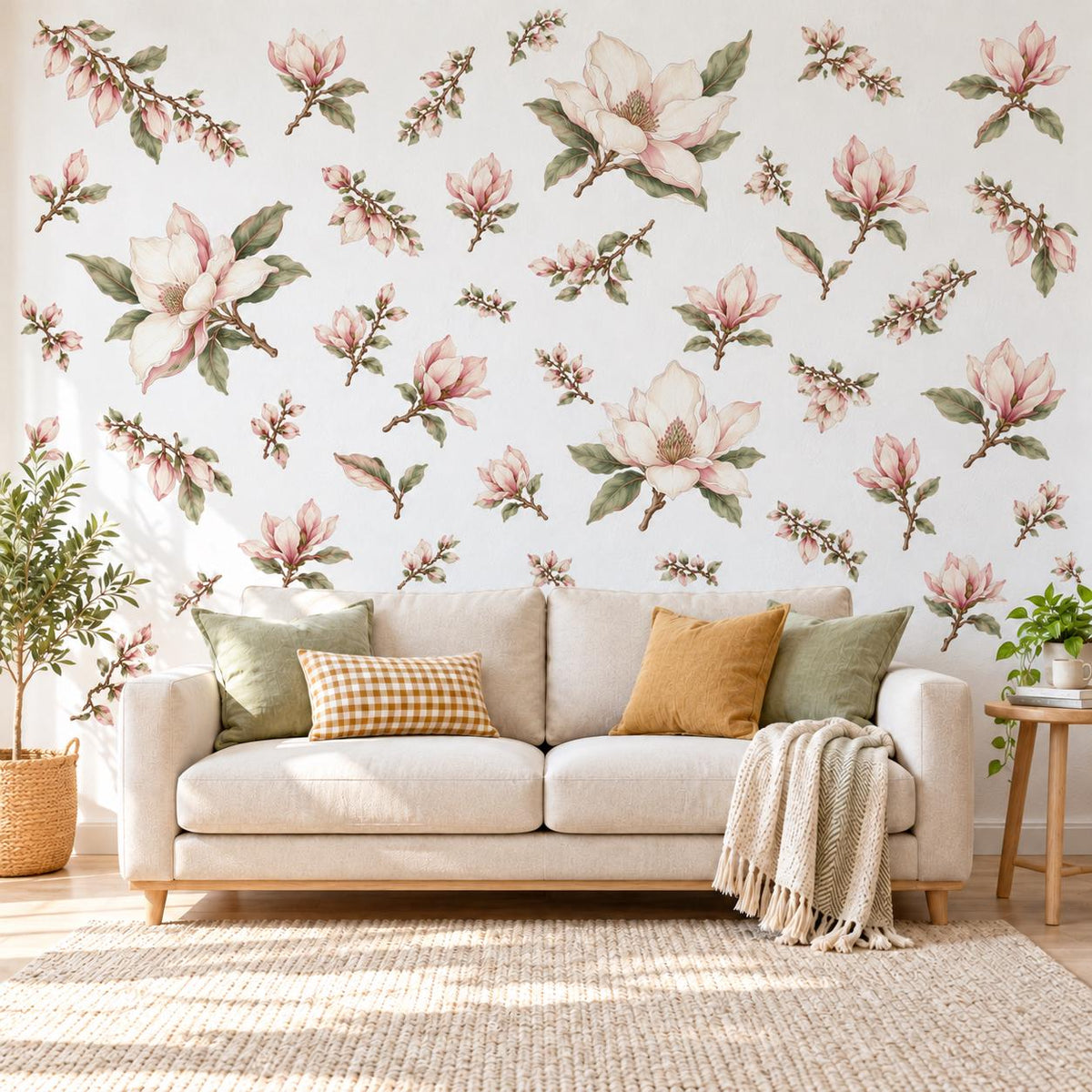 Magnolia Wall Stickers, Blush Pink Floral Nursery Decor, Botanical Flower Wall Decals, Girls Room Sage Green Peel and Stick Wall Art