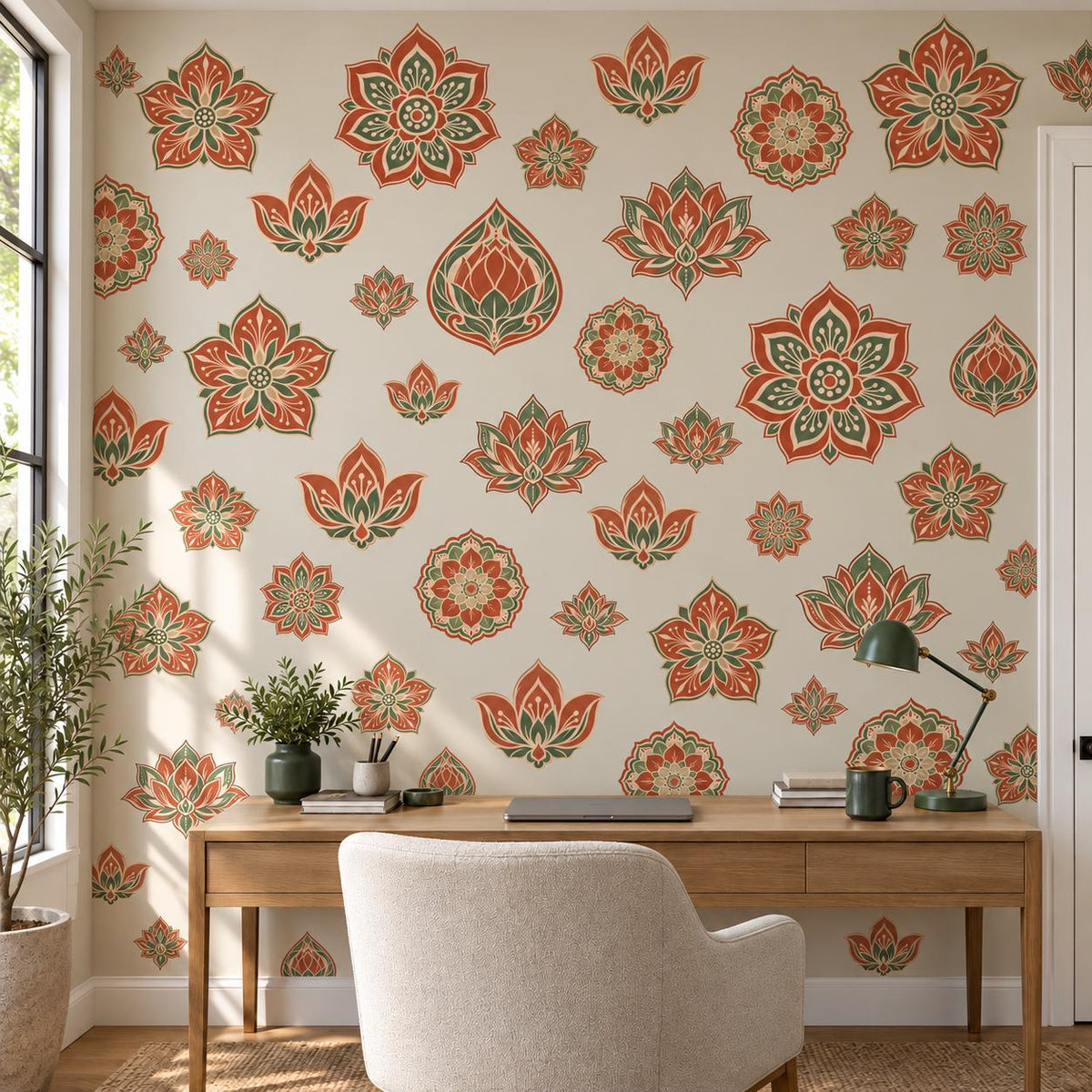 Lotus Mandala Wall Stickers, Terracotta Sage Boho Decor, Floral Medallion Wall Decals, Bedroom Yoga Room Peel and Stick Wall Art