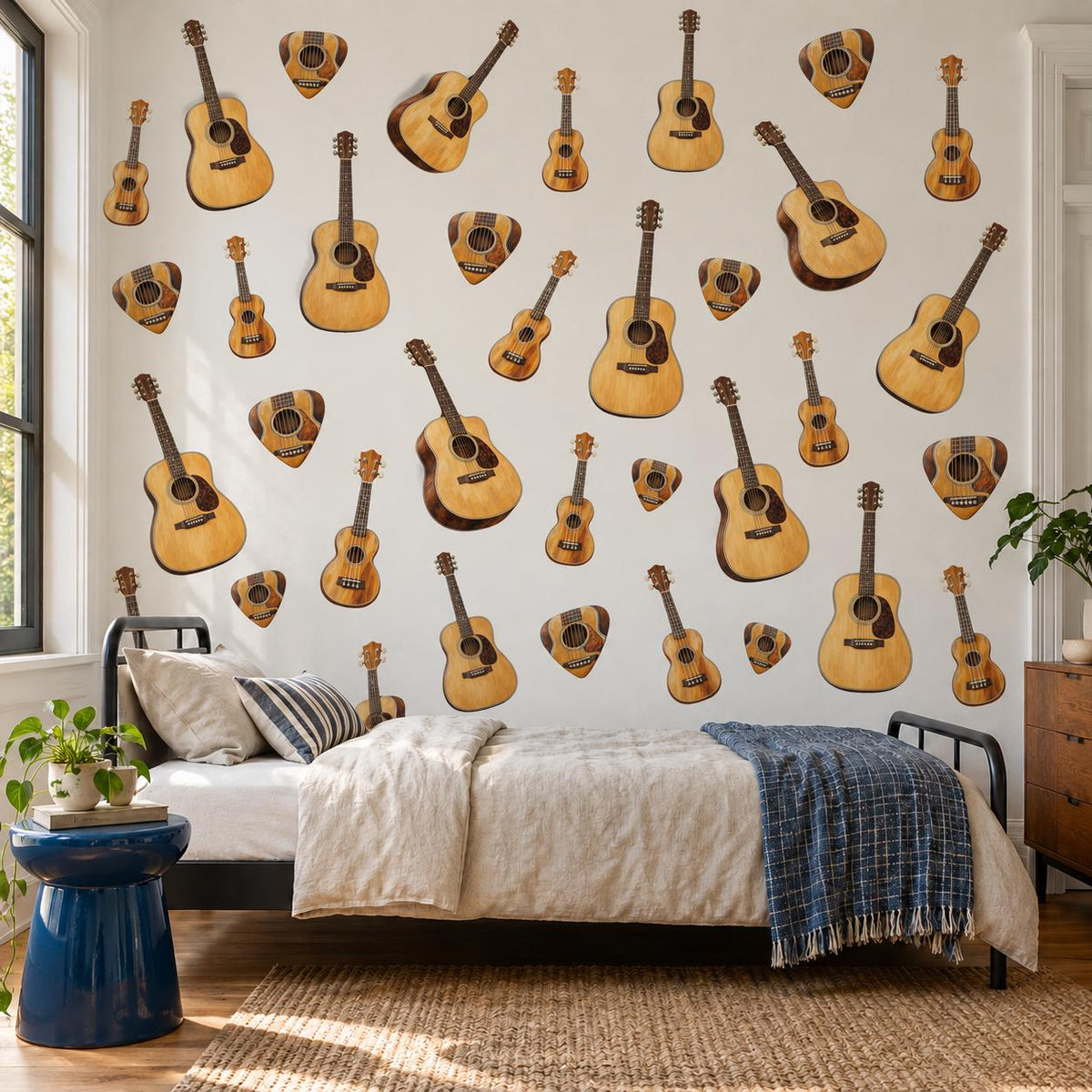 Guitar Wall Stickers, Acoustic Guitar Music Room Decor, Ukulele Wall Decals, Teen Boys Girls Bedroom Wood Tone Peel and Stick Wall Art