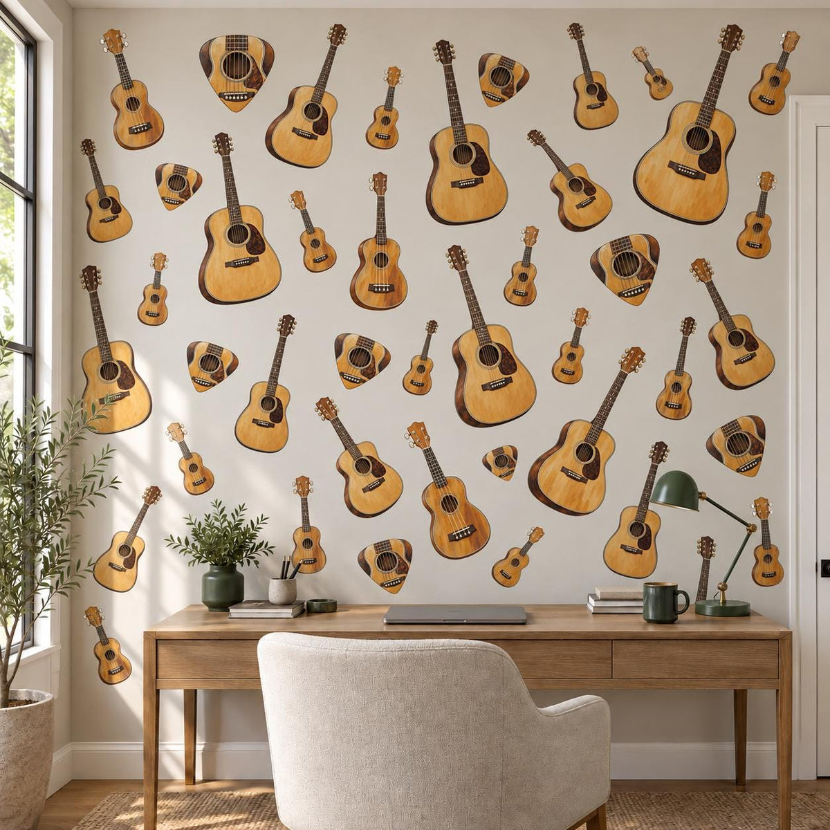 Guitar Wall Stickers, Acoustic Guitar Music Room Decor, Ukulele Wall Decals, Teen Boys Girls Bedroom Wood Tone Peel and Stick Wall Art
