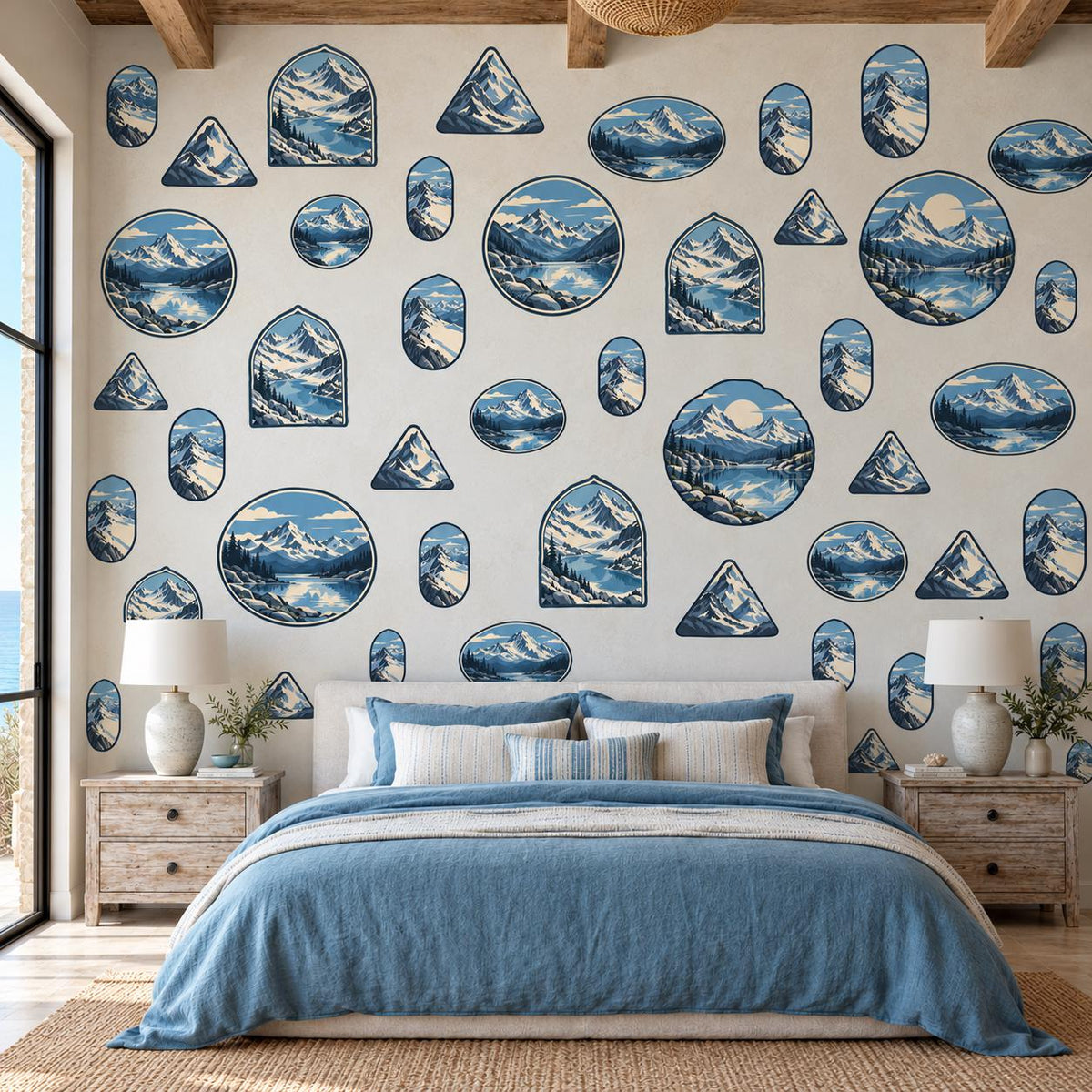 Mountain Wall Stickers, Blue Alpine Landscape Decor, Snowy Peak Wall Decals, Adventure Kids Room Teen Bedroom Peel and Stick Wall Art