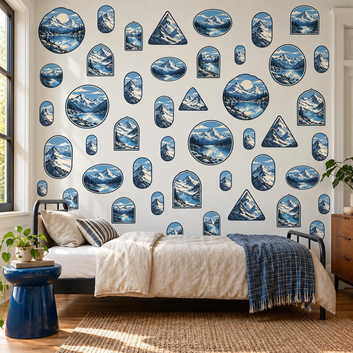 Mountain Wall Stickers, Blue Alpine Landscape Decor, Snowy Peak Wall Decals, Adventure Kids Room Teen Bedroom Peel and Stick Wall Art
