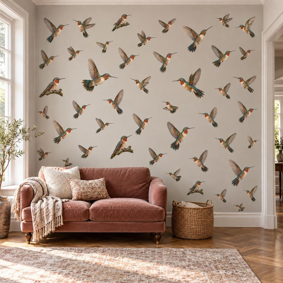 Hummingbird Wall Stickers, Vintage Bird Decor, Botanical Hummingbird Wall Decals, Living Room Girls Bedroom Peel and Stick Wall Art