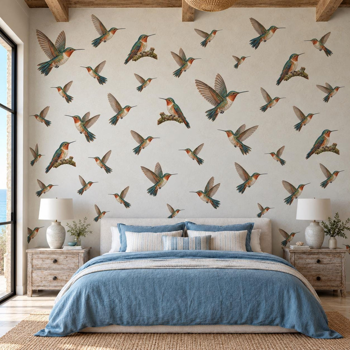 Hummingbird Wall Stickers, Vintage Bird Decor, Botanical Hummingbird Wall Decals, Living Room Girls Bedroom Peel and Stick Wall Art