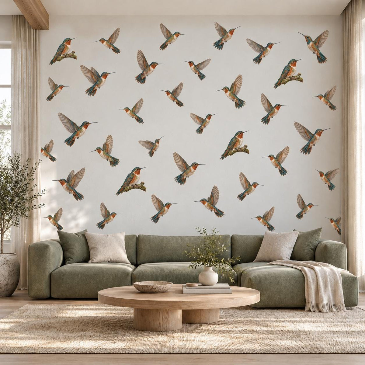 Hummingbird Wall Stickers, Vintage Bird Decor, Botanical Hummingbird Wall Decals, Living Room Girls Bedroom Peel and Stick Wall Art