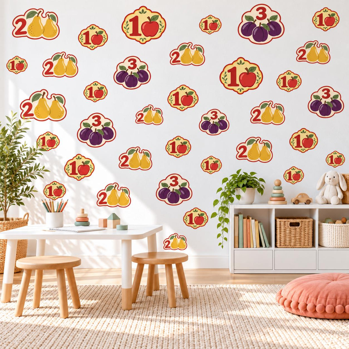 Number Wall Stickers, Fruit Counting Playroom Decor, Educational Wall Decals, Apple Pear Kids Room Nursery Peel and Stick Wall Art