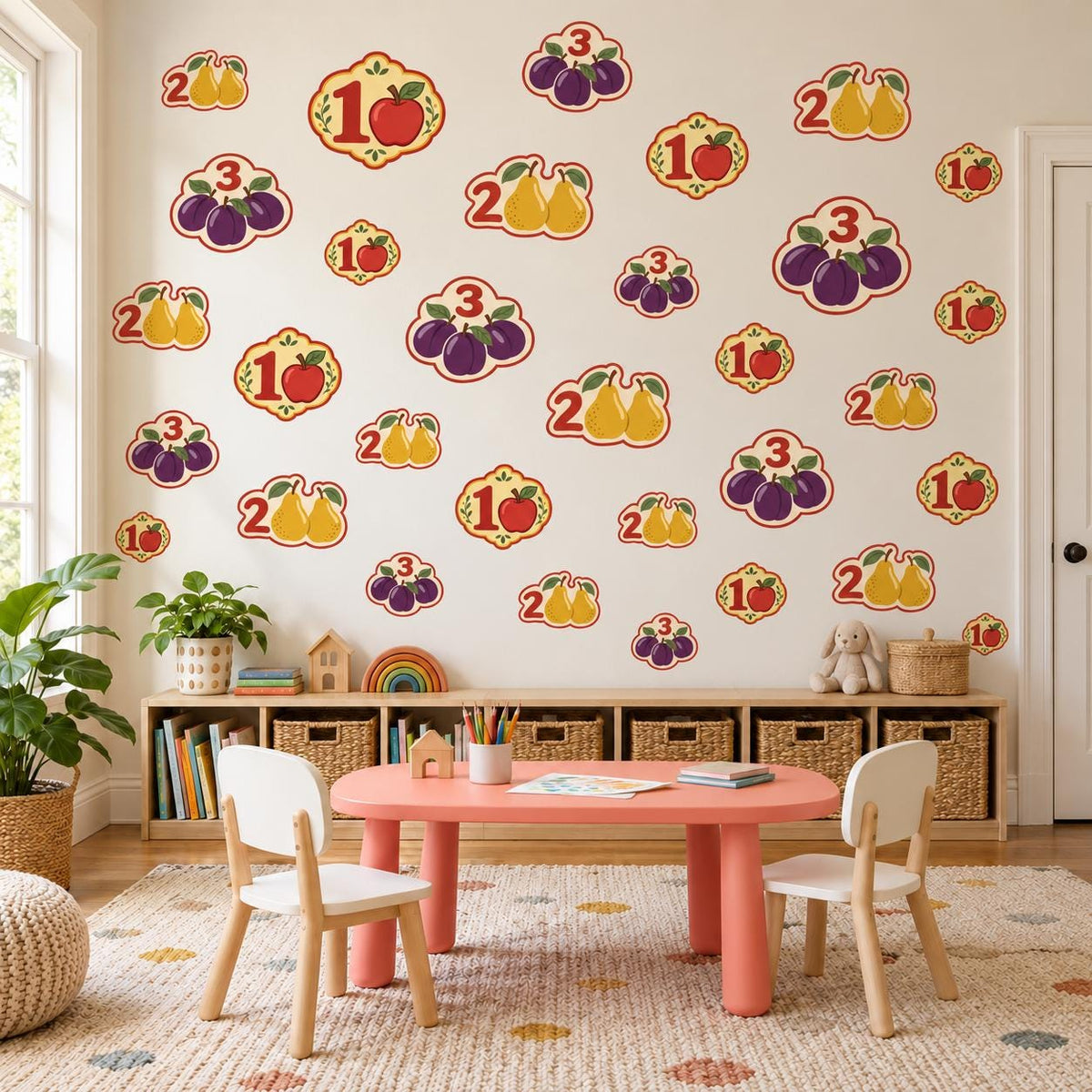 Number Wall Stickers, Fruit Counting Playroom Decor, Educational Wall Decals, Apple Pear Kids Room Nursery Peel and Stick Wall Art