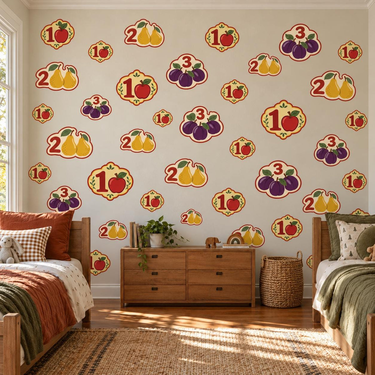 Number Wall Stickers, Fruit Counting Playroom Decor, Educational Wall Decals, Apple Pear Kids Room Nursery Peel and Stick Wall Art