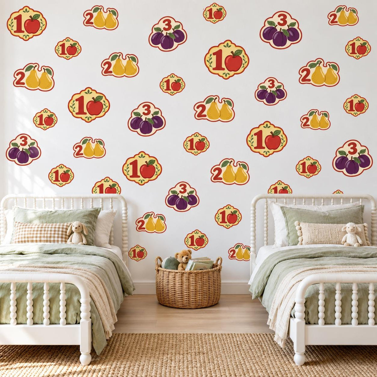 Number Wall Stickers, Fruit Counting Playroom Decor, Educational Wall Decals, Apple Pear Kids Room Nursery Peel and Stick Wall Art