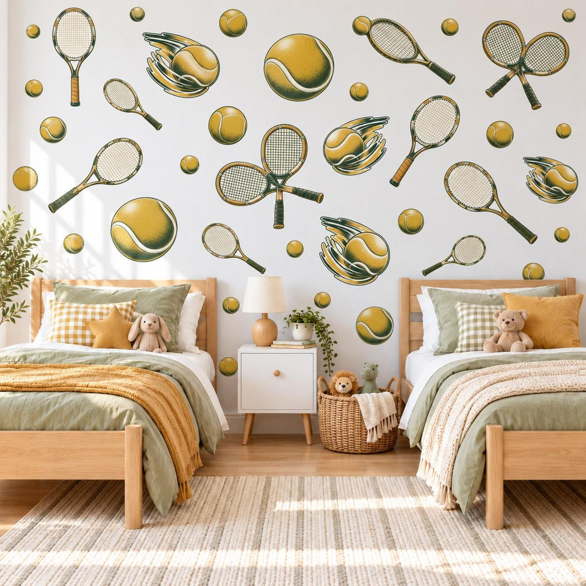 Tennis Wall Stickers, Vintage Tennis Racket Decor, Tennis Ball Wall Decals, Sports Kids Room Teen Bedroom Peel and Stick Wall Art