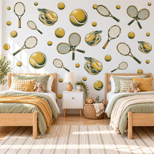 Tennis Wall Stickers, Vintage Tennis Racket Decor, Tennis Ball Wall Decals, Sports Kids Room Teen Bedroom Peel and Stick Wall Art