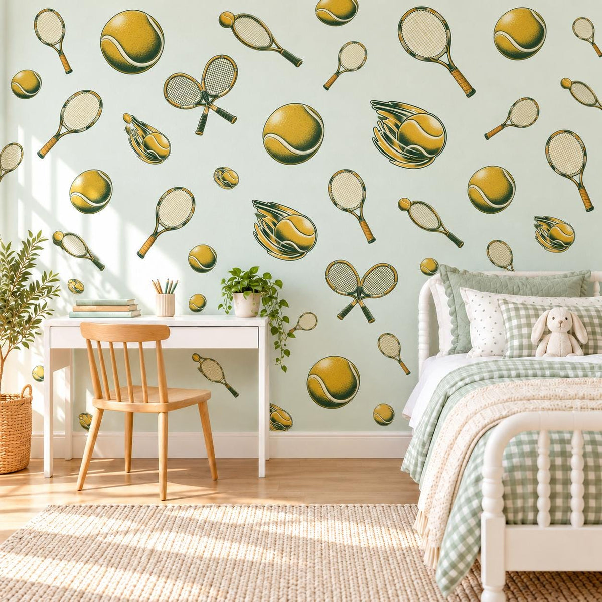 Tennis Wall Stickers, Vintage Tennis Racket Decor, Tennis Ball Wall Decals, Sports Kids Room Teen Bedroom Peel and Stick Wall Art