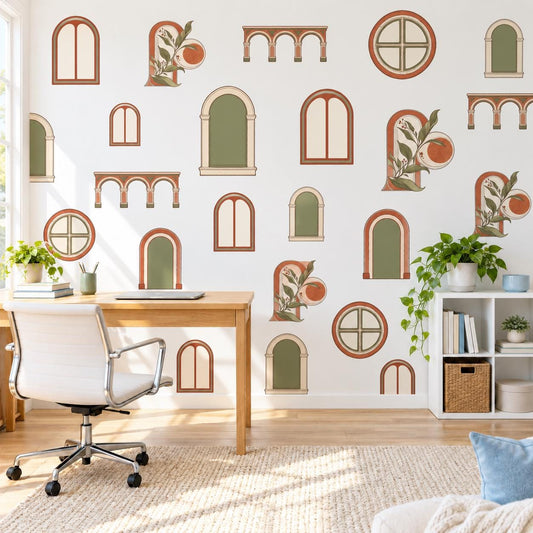 Arch Wall Stickers, Terracotta Olive Mediterranean Decor, Window Arch Wall Decals, Boho Living Room Kitchen Peel and Stick Wall Art