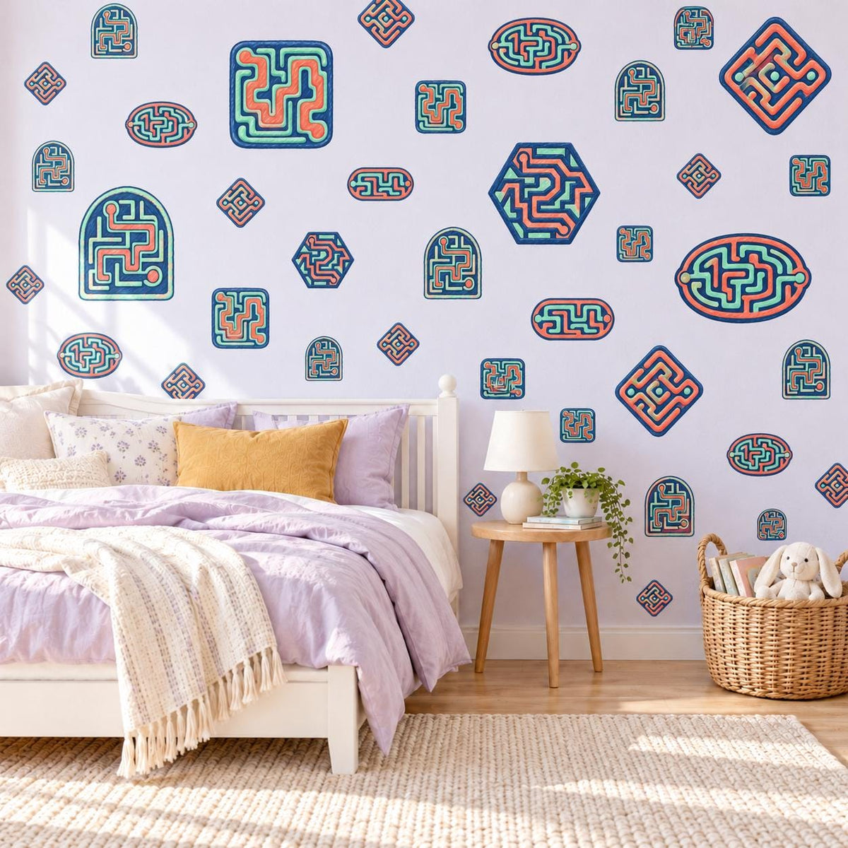 Maze Wall Stickers, Retro Arcade Gamer Room Decor, Puzzle Wall Decals, Navy Coral Boys Teen Bedroom Peel and Stick Wall Art