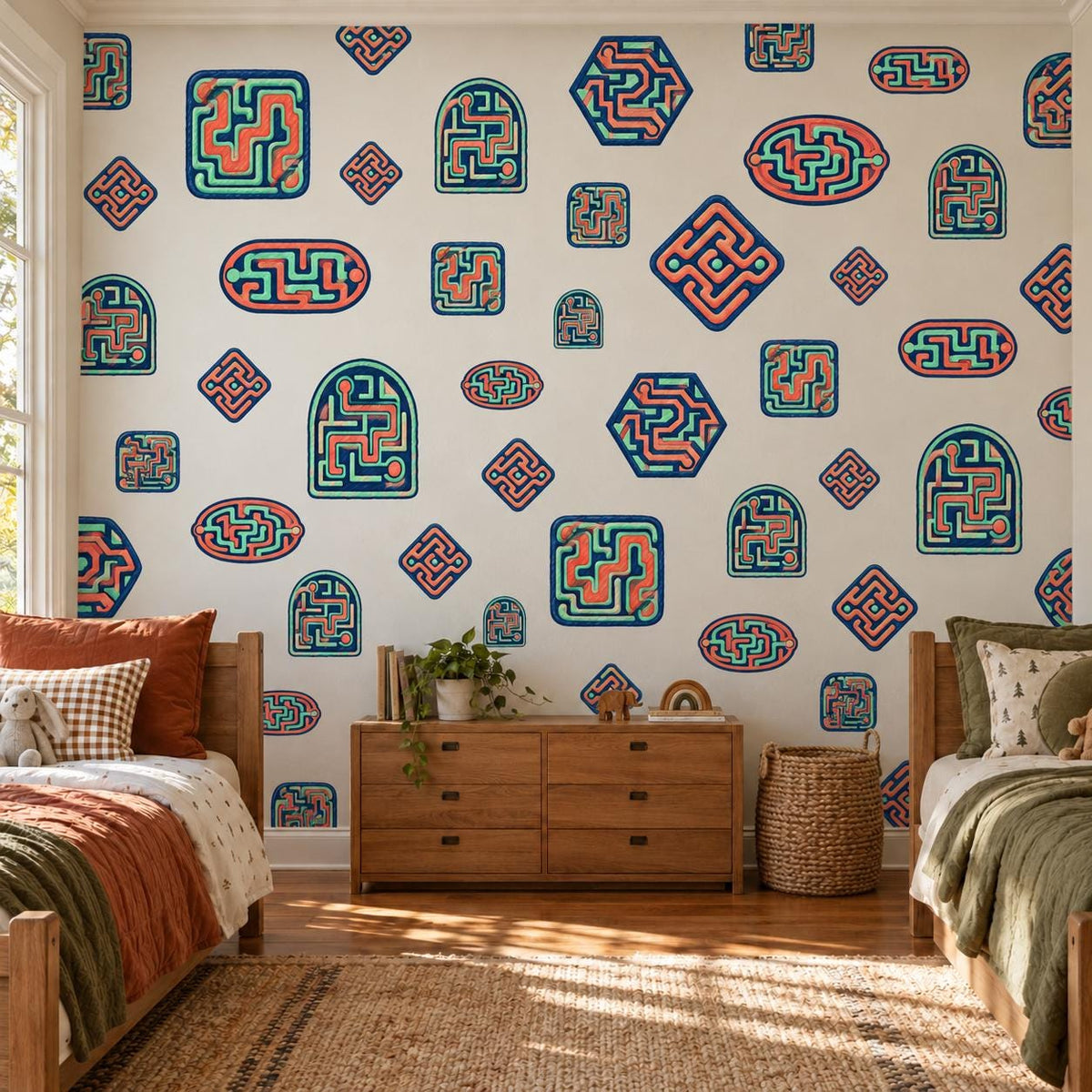 Maze Wall Stickers, Retro Arcade Gamer Room Decor, Puzzle Wall Decals, Navy Coral Boys Teen Bedroom Peel and Stick Wall Art