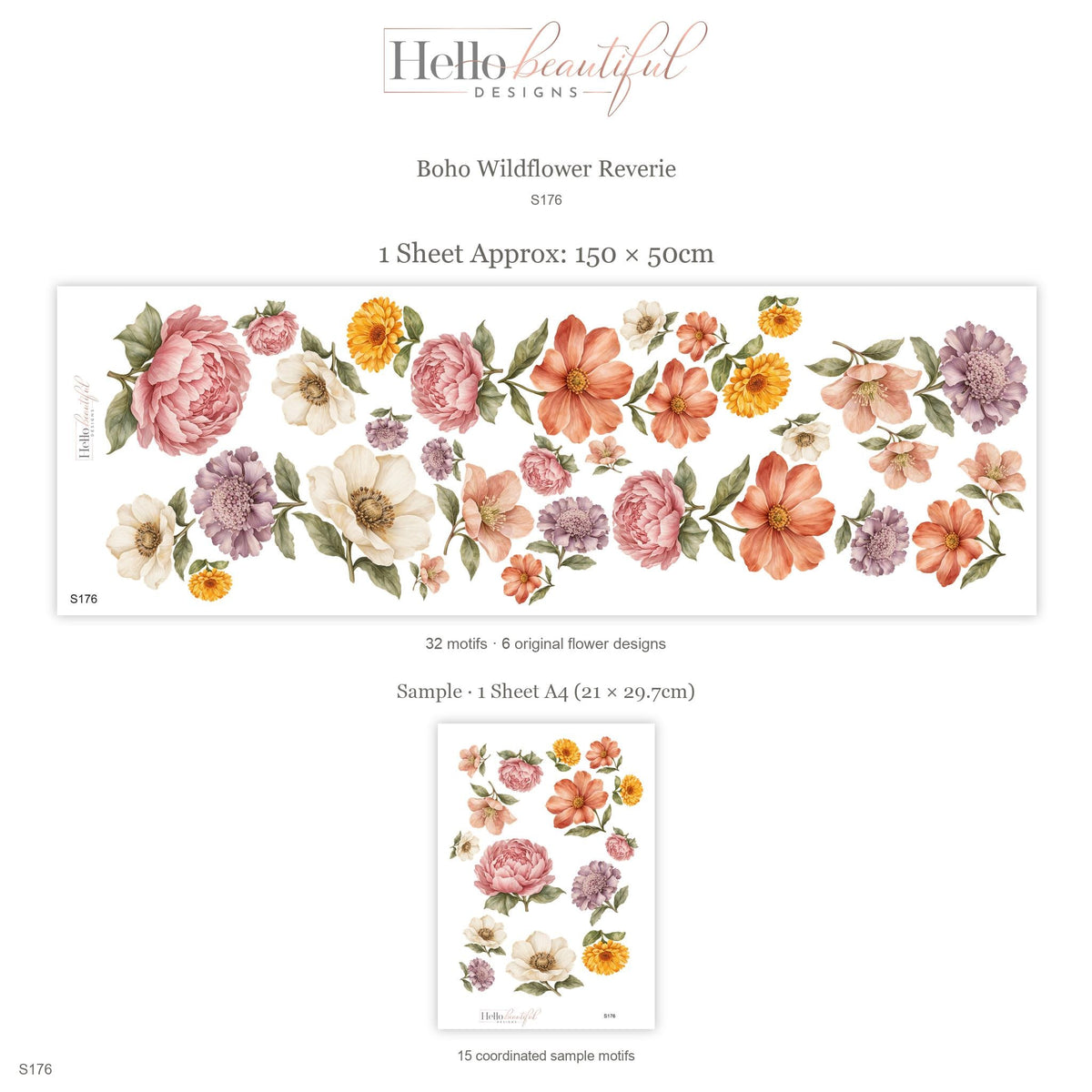 Wildflower Wall Stickers, Boho Floral Nursery Decor, Peony Flower Wall Decals, Girls Bedroom Pink Coral Peel and Stick Wall Art