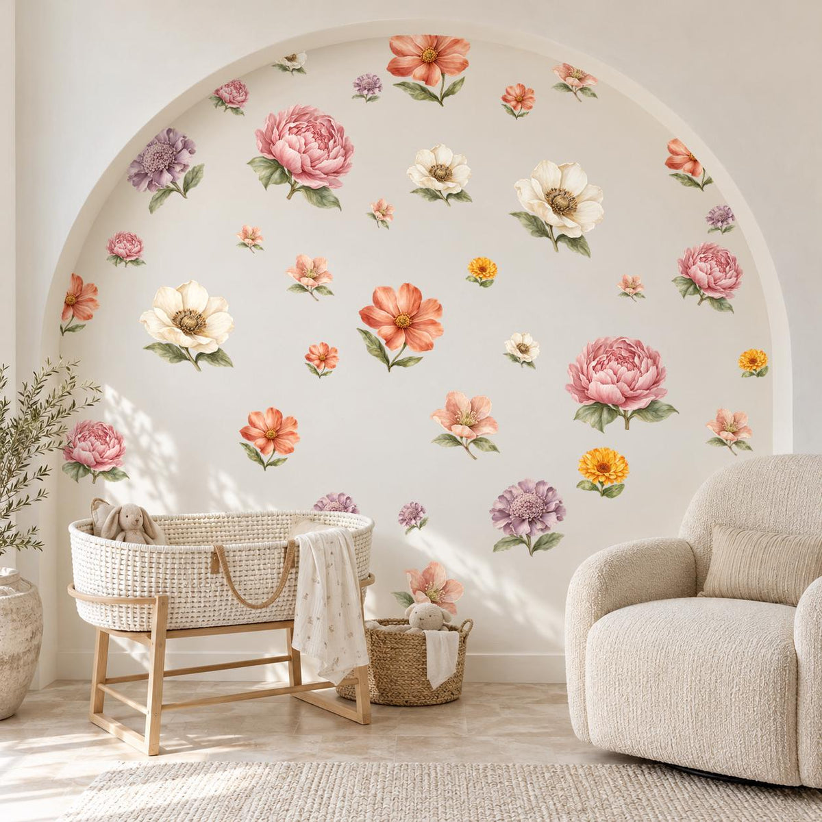 Wildflower Wall Stickers, Boho Floral Nursery Decor, Peony Flower Wall Decals, Girls Bedroom Pink Coral Peel and Stick Wall Art