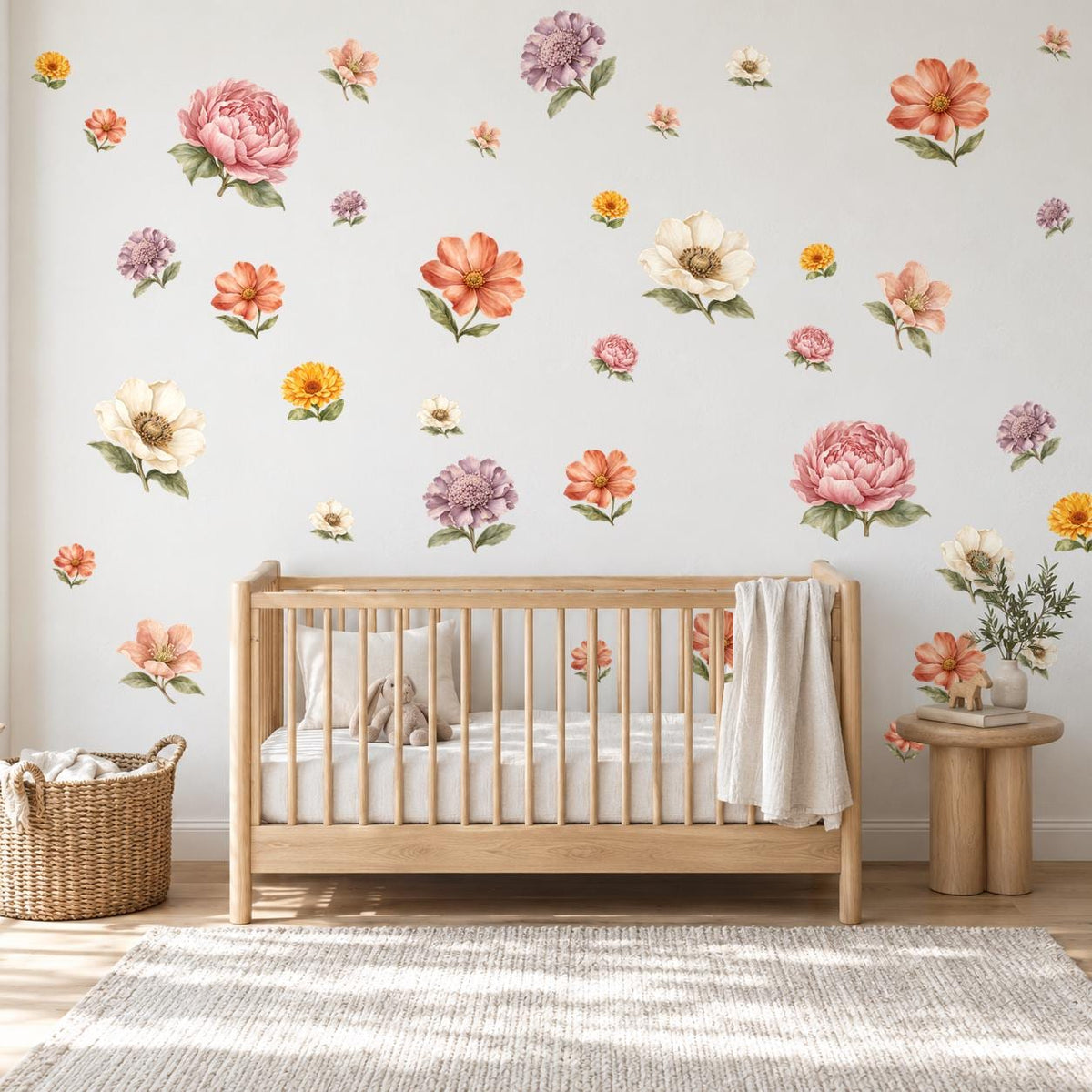 Wildflower Wall Stickers, Boho Floral Nursery Decor, Peony Flower Wall Decals, Girls Bedroom Pink Coral Peel and Stick Wall Art