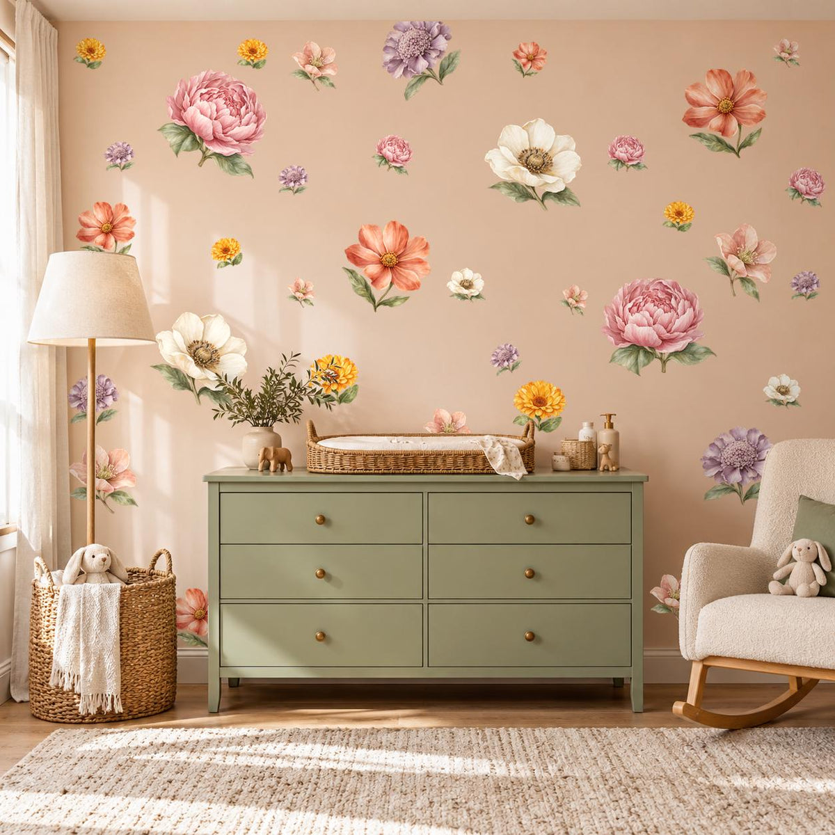 Wildflower Wall Stickers, Boho Floral Nursery Decor, Peony Flower Wall Decals, Girls Bedroom Pink Coral Peel and Stick Wall Art