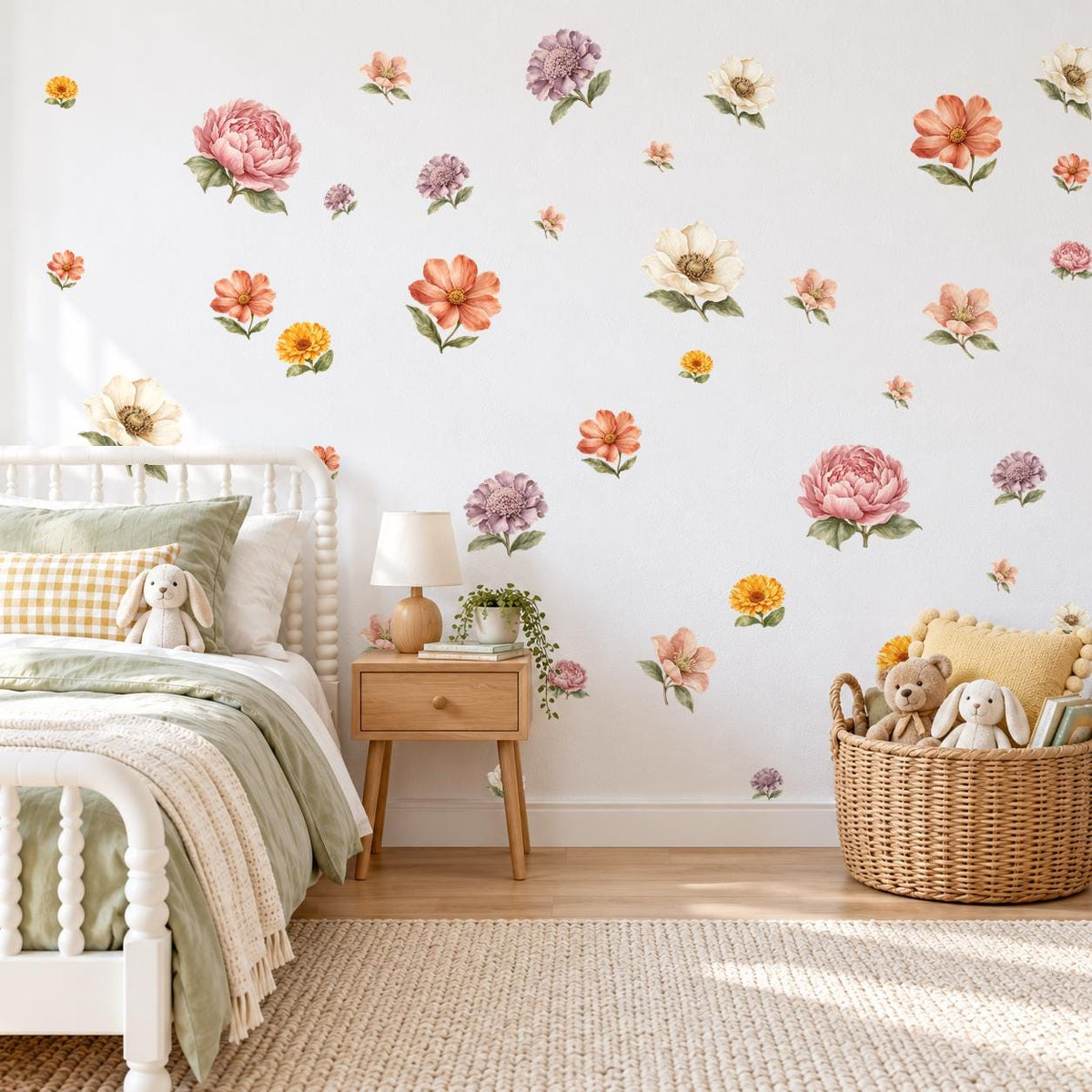 Wildflower Wall Stickers, Boho Floral Nursery Decor, Peony Flower Wall Decals, Girls Bedroom Pink Coral Peel and Stick Wall Art