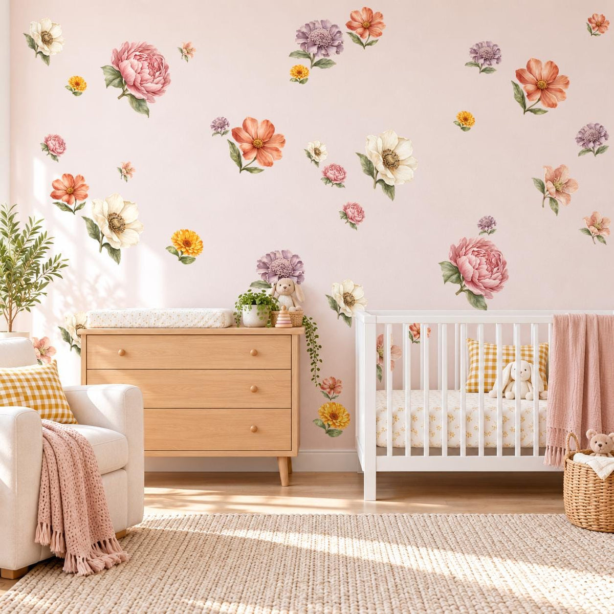 Wildflower Wall Stickers, Boho Floral Nursery Decor, Peony Flower Wall Decals, Girls Bedroom Pink Coral Peel and Stick Wall Art