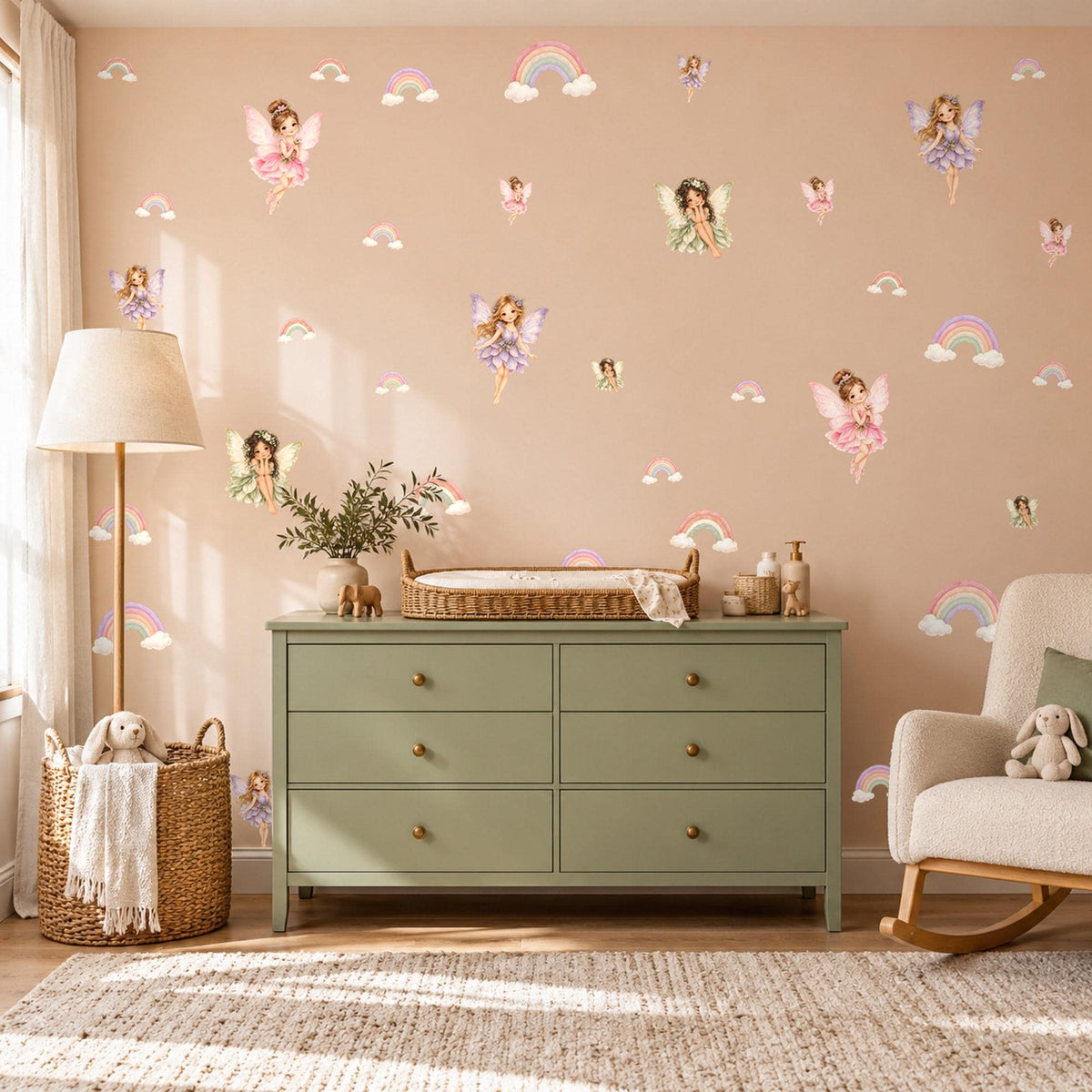 Fairy Wall Stickers, Pastel Rainbow Nursery Decor, Fairy and Rainbow Wall Decals, Girls Bedroom Pink Lilac Peel and Stick Wall Art