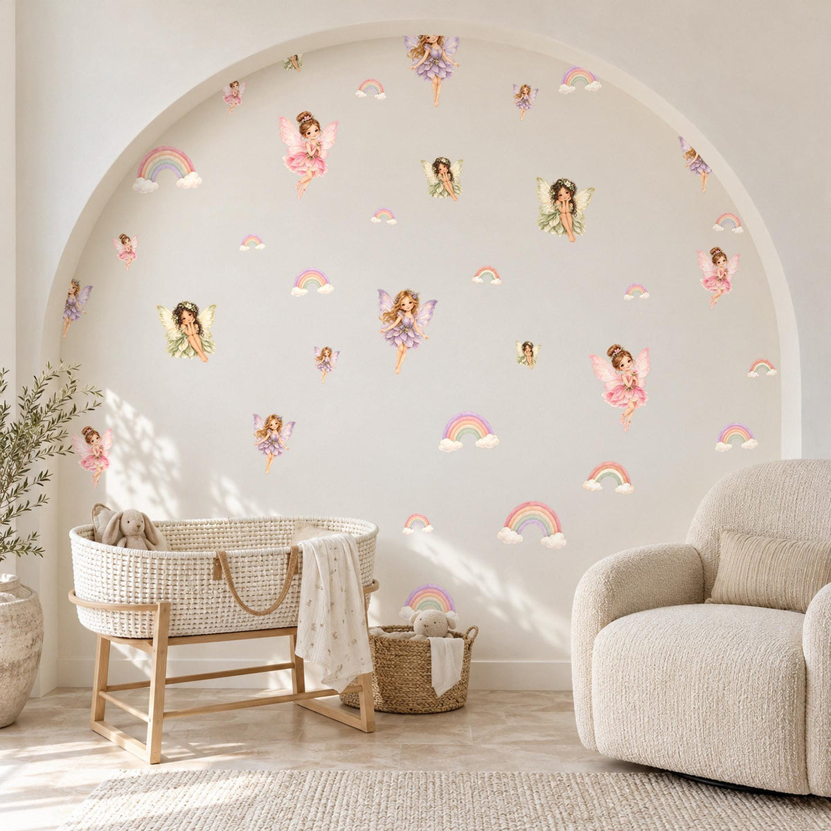 Fairy Wall Stickers, Pastel Rainbow Nursery Decor, Fairy and Rainbow Wall Decals, Girls Bedroom Pink Lilac Peel and Stick Wall Art