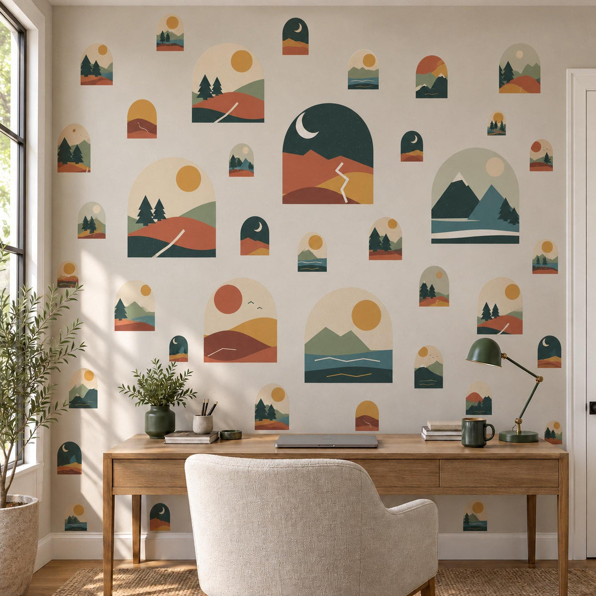 Mountain Wall Stickers, Boho Desert Landscape Decor, Pine Tree Arch Wall Decals, Terracotta Teal Mid Century Peel and Stick Wall Art