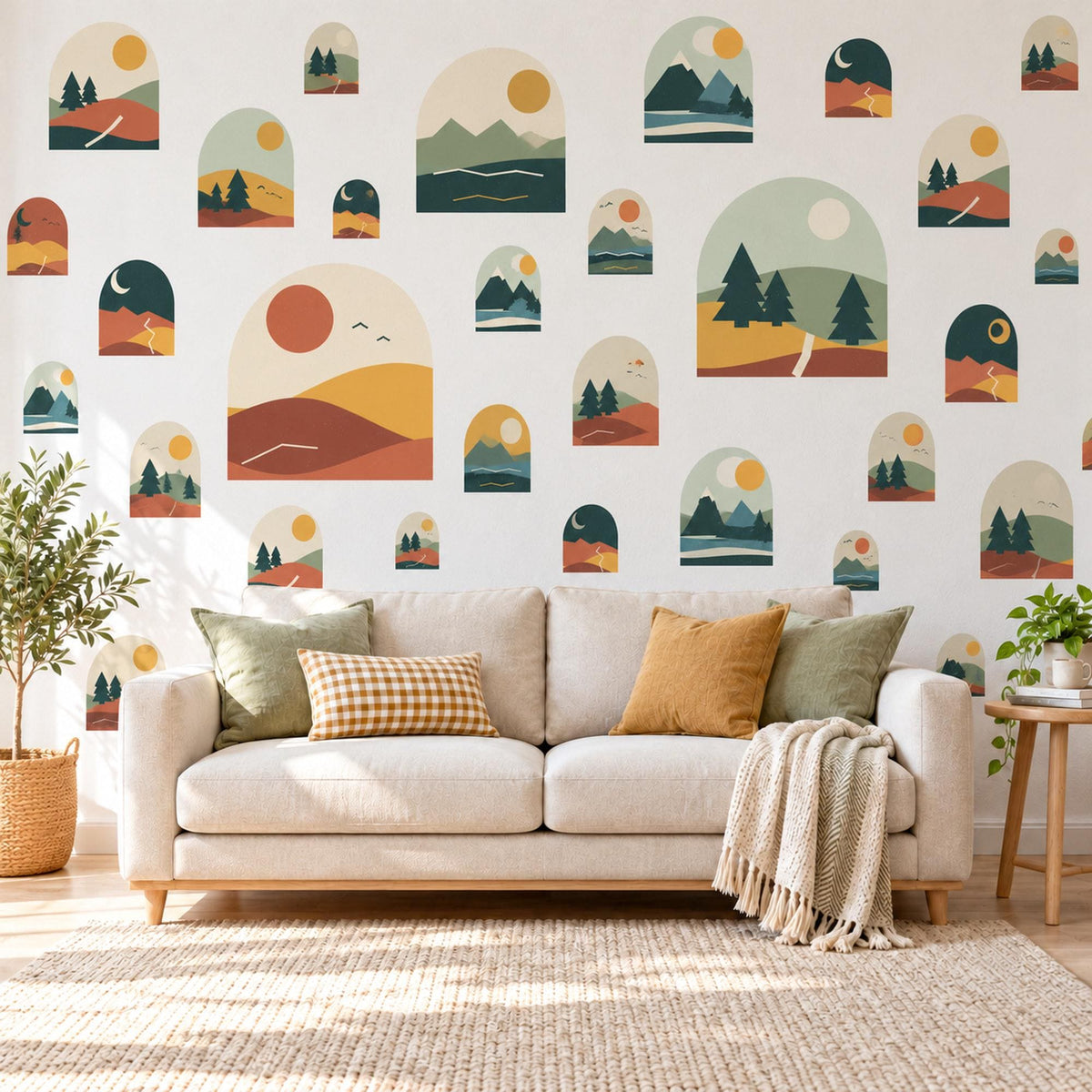 Mountain Wall Stickers, Boho Desert Landscape Decor, Pine Tree Arch Wall Decals, Terracotta Teal Mid Century Peel and Stick Wall Art