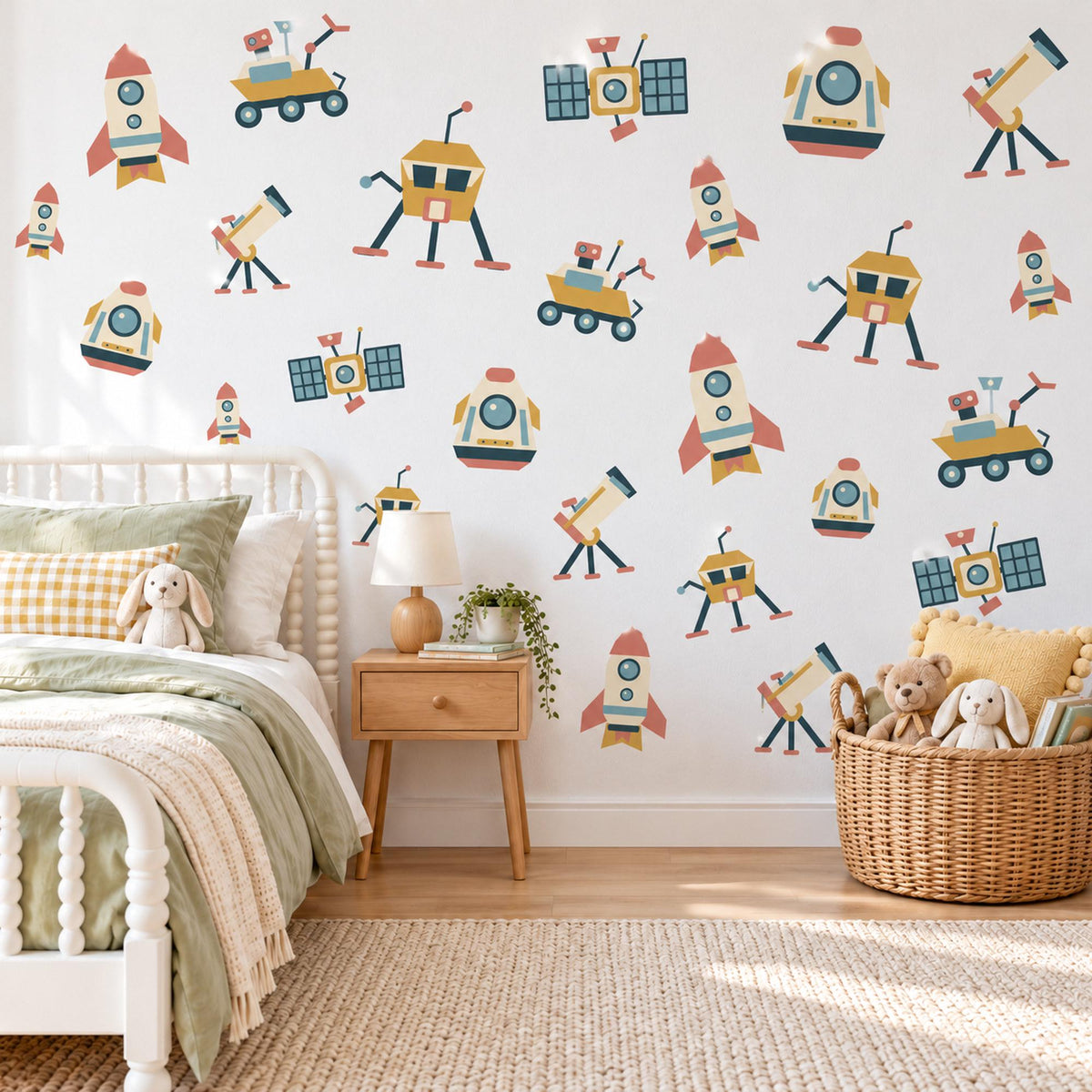 Space Wall Stickers, Rocket Nursery Decor, Outer Space Wall Decals, Boys Kids Room Navy Mustard Rover Satellite Peel and Stick Wall Art