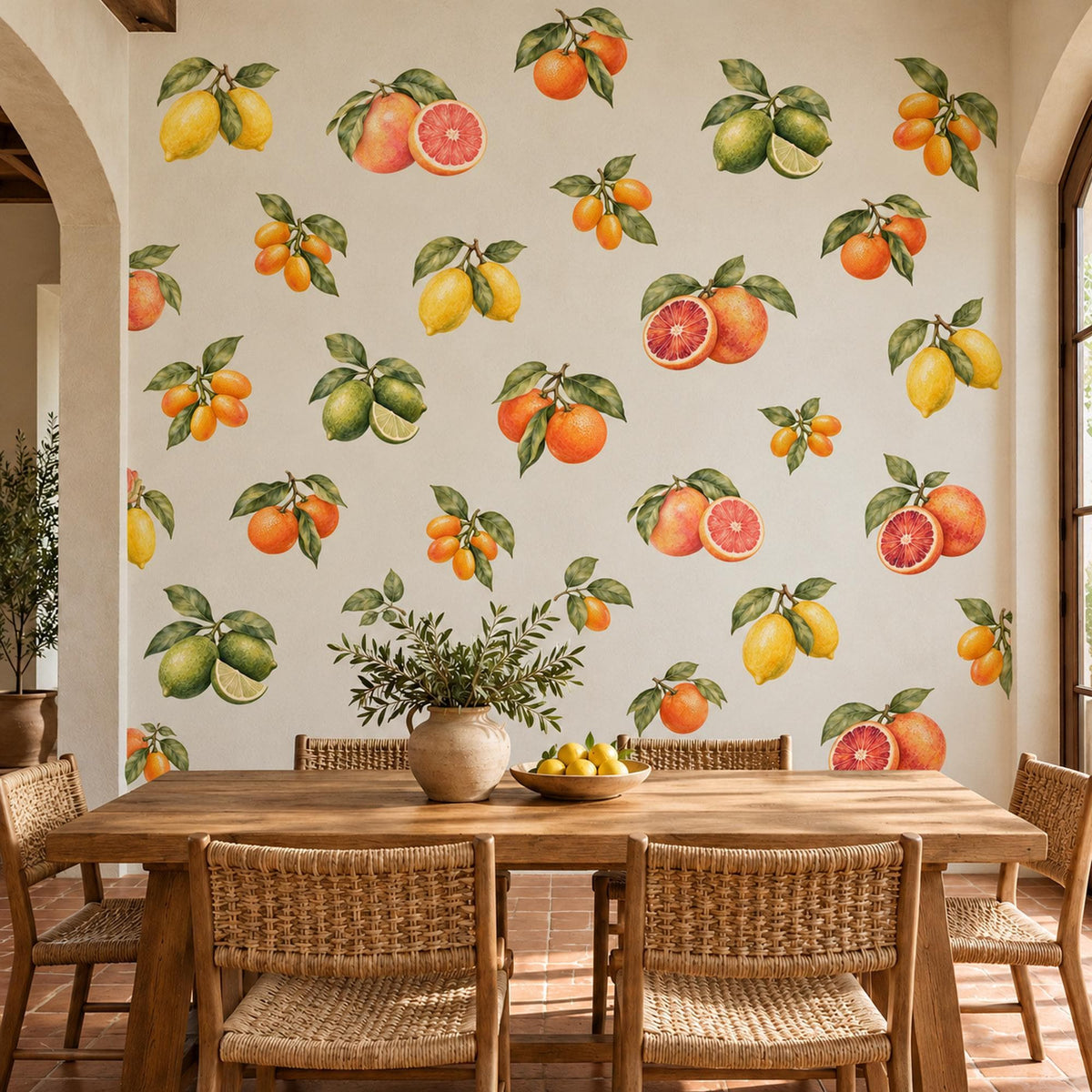 Citrus Wall Stickers, Lemon Orange Kitchen Decor, Watercolour Fruit Wall Decals, Mediterranean Dining Room Peel and Stick Wall Art