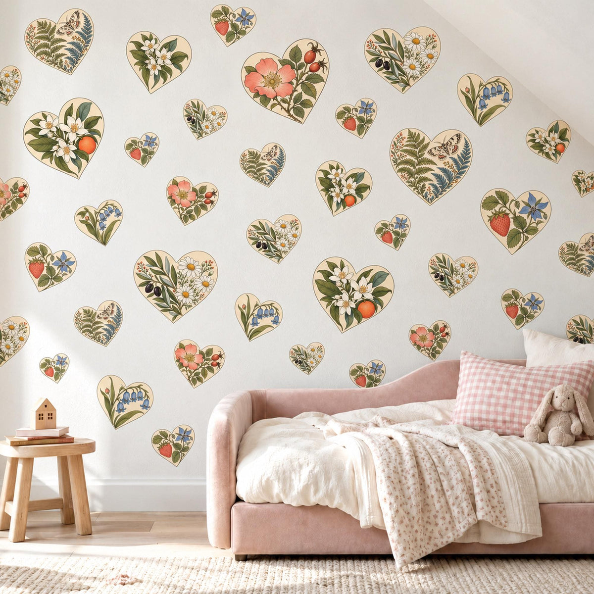 Heart Wall Stickers, Botanical Floral Nursery Decor, Cottagecore Heart Wall Decals, Girls Kids Room Sage Coral Peel and Stick Wall Art