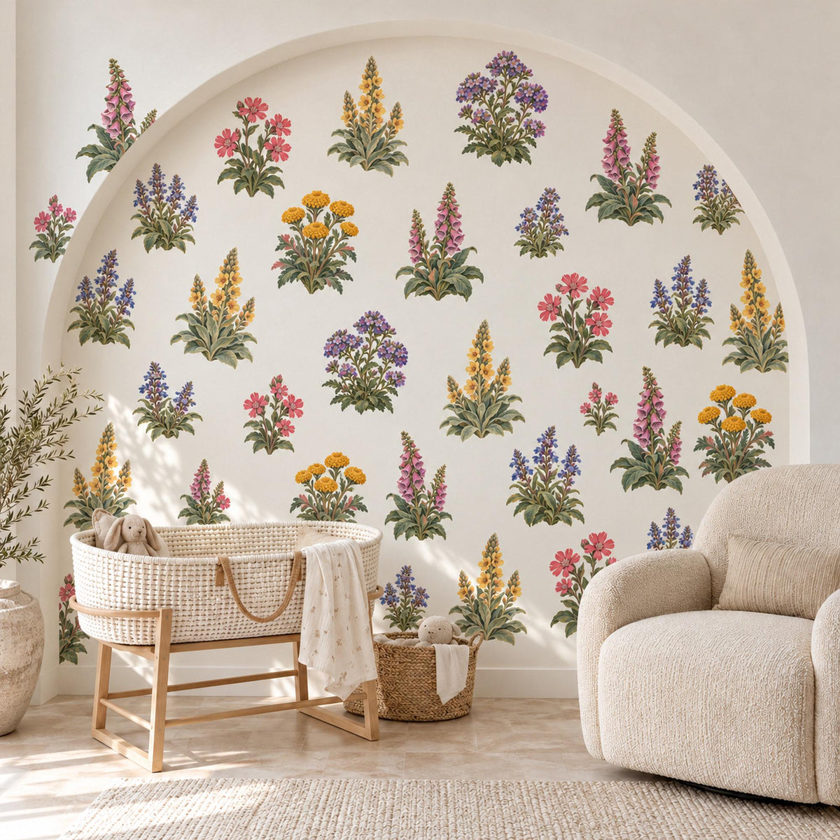 Wildflower Wall Stickers, Cottage Garden Nursery Decor, Lupin Foxglove Wall Decals, Girls Kids Room Purple Pink Peel and Stick Wall Art